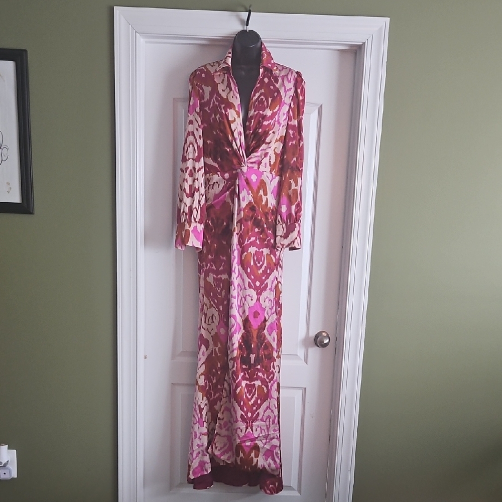 Fashion Nova Vibrant Pink and Brown Long Sleeve Dress